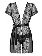 Romantic robe, floral lace, short sleeves, mesh inlay